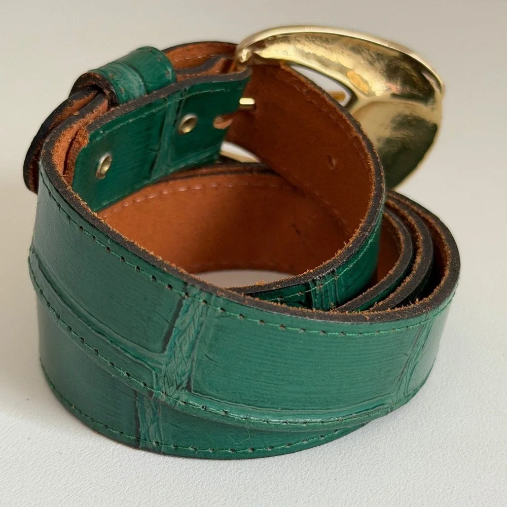 VTG Green Crocodile Embossed Leather Belt ML Gold Sculptural Buckle made in USA
